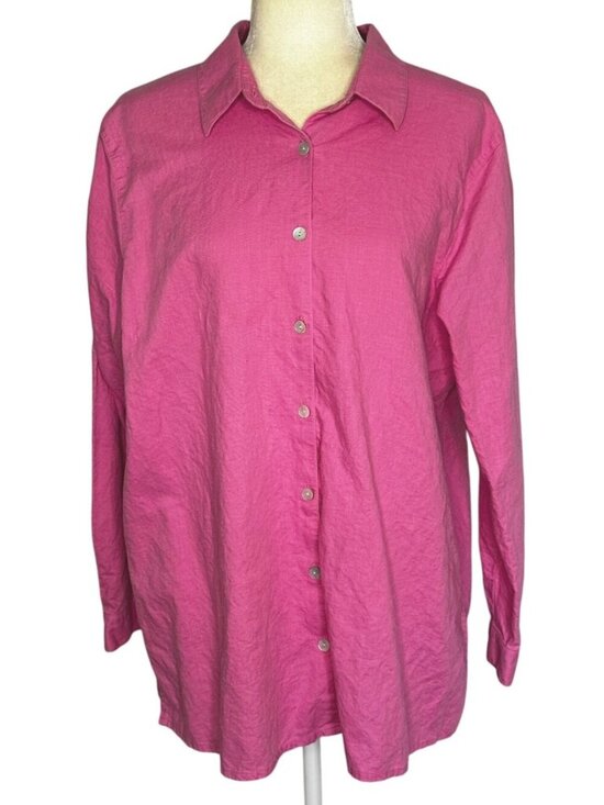 Annex Tops - Pink Linen Cotton Blend Oversized Button Front Shirt Blouse Plus Size 1X